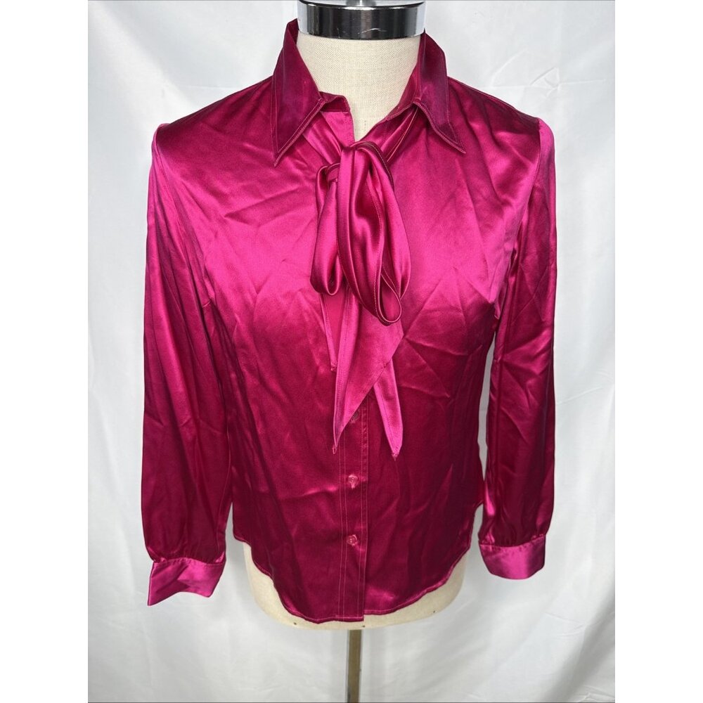 Bloomingdale's Silk Blouse Womens Sz 10 Pink Button Down Shirt Removable Tie Top